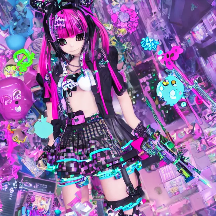 Image similar to 3 d anime render of a decora gyaru kawaii cybergoth emo fashion model vtuber, in a cyberpunk blade runner maximalist city of my melody sanrio plushies, artstation cgsociety