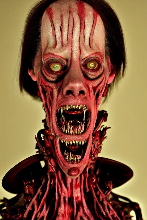 Image similar to dressed steve buscemi, a sinister demonic queen of cenobites, symmetrical, cinematic, elegant, demonic atmosphere, professional studio light, real dlsr photography, sharp focus, costume made by clive barker, real rotten flesh, blood and bones, 4 k, ultra hd, sense of awe