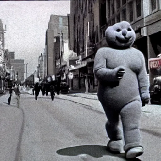 Prompt: still from vhs footage of giant telletubby walking down street