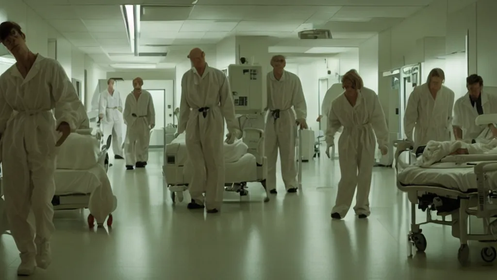 Image similar to monsters invade the hospital, film still from the movie directed by denis villeneuve and david cronenberg with art direction by salvador dali, wide lens