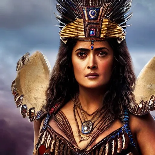 Image similar to Salma Hayek as aztec princess warrior hyper realistic 4K quality