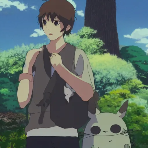 Image similar to friendly guy with Fragile looking portrait face with a small creature on his arm made by Studio Ghibli highly detailed art, beautiful scene, sharp focus, smooth, 8k, anime art