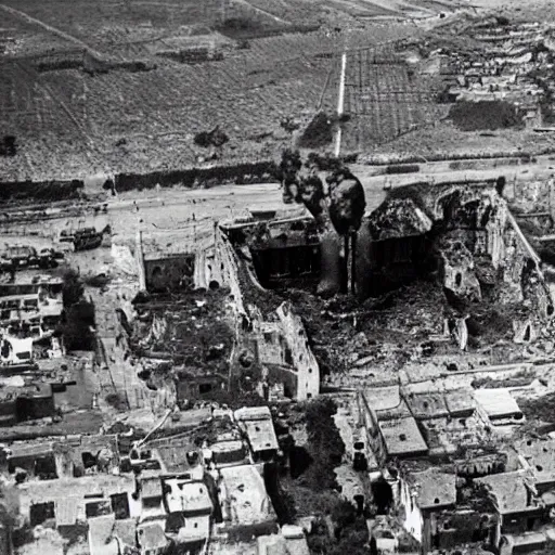 Prompt: an aerial photo of bombed italy, with bomb falling down, explosion, ruins, fire,