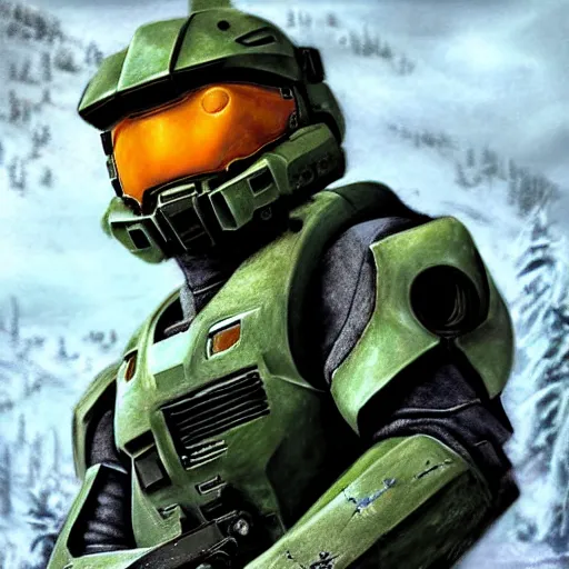 Prompt: master chief on a snowy hill,digital art,realistic,detailed,art by zemotion,trending on deviantart