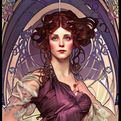 Prompt: portrait shoulder level close up image of annie hamilton from power instinct inspired by alphonse mucha, ayami kojima, amano, charlie bowater, karol bak, greg hildebrandt, jean delville, and mark brooks, art nouveau, neo - gothic, gothic, rich deep moody colors. yuka morii and aaron blaise