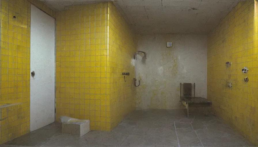 Image similar to 60s movie still of a sovietic stalinist style empty clean prison shower with yellow tiles, cinestill 800t 50mm eastmancolor, liminal Space style, heavy grain