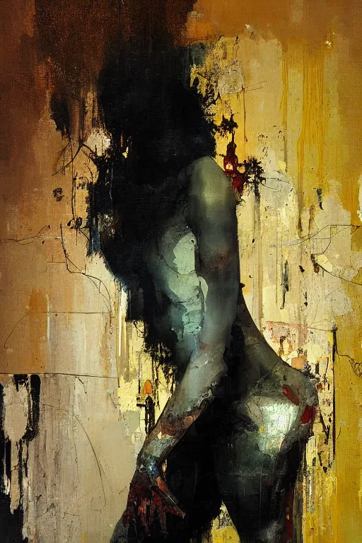 Image similar to a beautiful glitched painting by christian hook of a woman in a bathroom, metal rust and plaster materials, brushstrokes by jeremy mann, still life, dark colors