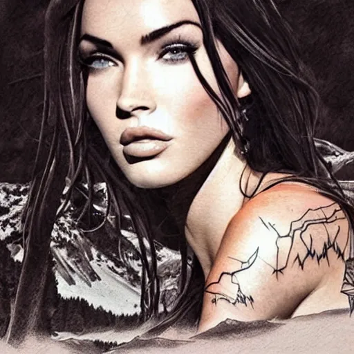 Prompt: double exposure effect tattoo design sketch of megan fox with beautiful mountain scenery, hyper - realistic, in the style of den yakovelev, amazing detail, sharp