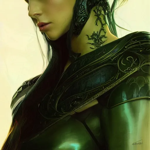 Image similar to Portrait of slim shapely pale young sorceress wearing black leather armor, long black hair, green eyes, intricate, elegant, highly detailed, digital painting, artstation, concept art, smooth, sharp focus, illustration, art by artgerm and greg rutkowski and alphonse mucha and andrei riabovitchev