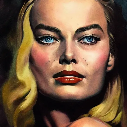 Image similar to ultra realistic portrait painting of margot robbie as a western outlaw, art by frank frazetta, 4 k, ultra realistic, highly detailed, epic lighting.