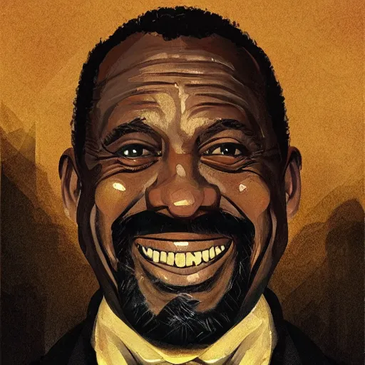 Image similar to old black man portrait, face smiling, golden teeth, flat background, greg rutkowski gta san andreas art