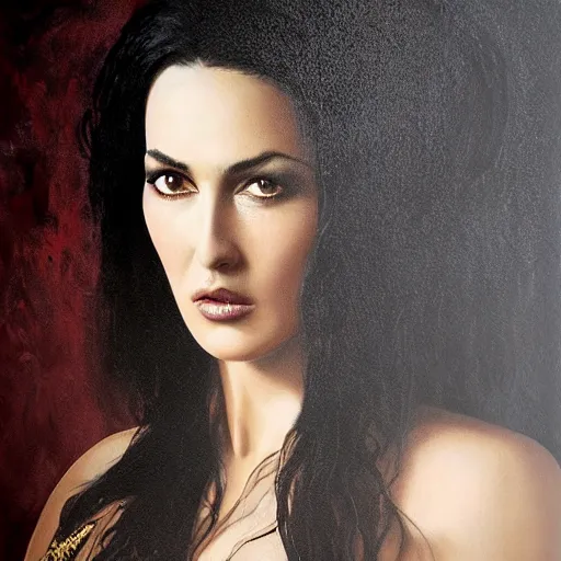 Image similar to majestic gracious regal aristocratic raven haired monica bellucci as the roman - greece vampire pandora portrait, indoors, atmospheric lighting, painted, intricate, volumetric lighting, beautiful, rich deep colours masterpiece, sharp focus, ultra detailed, by leesha hannigan, ross tran, thierry doizon, kai carpenter, ignacio fernandez rios