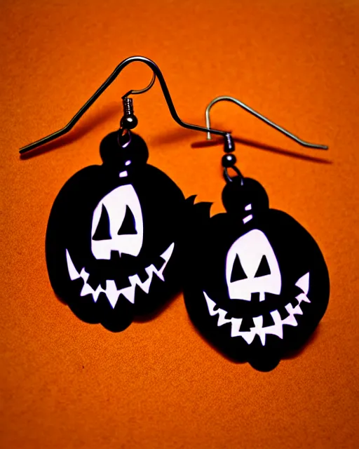 Prompt: spooky cartoon jack'o'lantern, 2 d lasercut earrings, in the style of tim burton