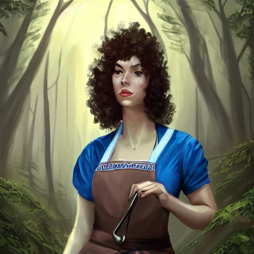 Image similar to a portrait of a 1 9 6 0 s woman with curly black hair and blue eyes, and an apron in the forest, dynamic lighting, fantasy concept art, trending on art station, stunning visuals, cinematic, ultra detailed