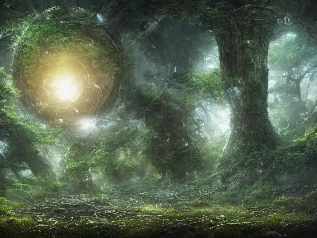 Image similar to an intricate realistic matte painting of an epic battle between a forest and technology at the center is a circular glowing bio-mechanical portal made of trees fighting mechanical and electrical parts