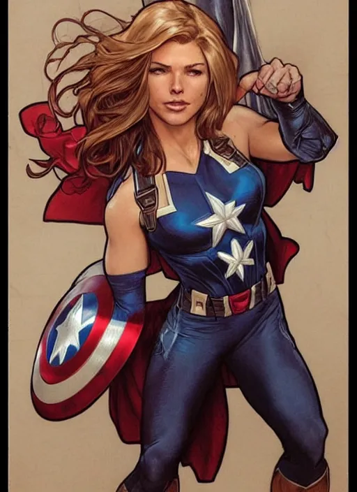 Prompt: toned young april with a mischievous face and extremely long blonde wavy hair dressed as superhero in her early 2 0 s, posing with hands behind back, captain america, tight fit, intricate detailed face, artgerm, greg rutkowski, alphonse mucha