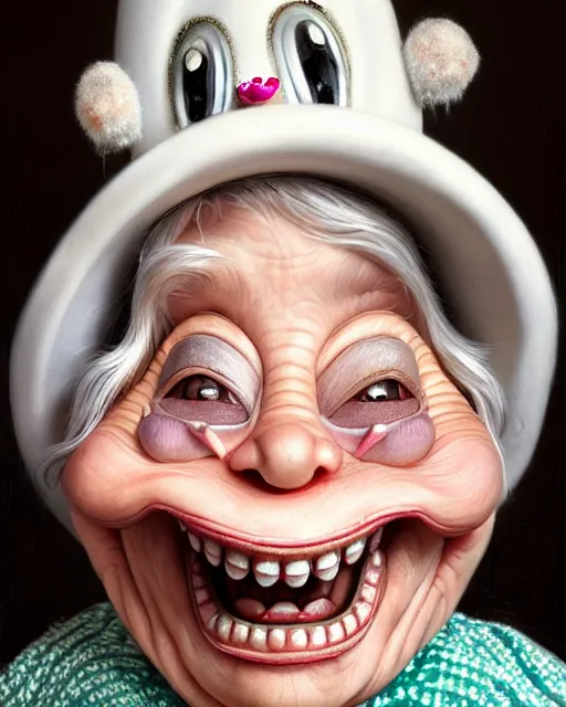 Prompt: highly detailed closeup, fat shiny ceramic white hair old happy woman with perfect teeth, easter hat, clothes, looking forward, full face view holding a cheshire cat, hyperrealistic, artstation, illustration, nicoletta ceccoli, mark ryden, lostfish, dan decarlo, bob clampett, max fleischer, matte paint, vivid colors