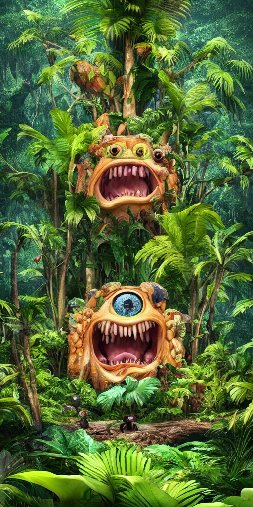 Image similar to of a tropical rainforest lake with strange cute friendly happy creatures with huge eyes, mouth, long tongue, round teeth and goofy face, appearing from the treesl, in the style of gehry and gaudi, macro lens, shallow depth of field, ultra detailed, digital painting, trending artstation, concept art, illustration, cinematic lighting, photorealism, epic, octane render