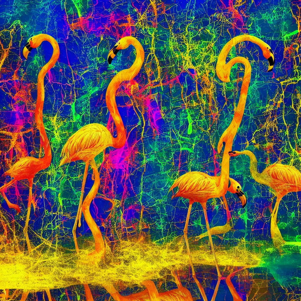 Prompt: “ a landscape, interesting, geometric forms, fluid surfaces, golden refractive mirrors, tall flamingos, cyber giraffe with glowing body, colorful and golden trees, highly detailed, 4 k ”