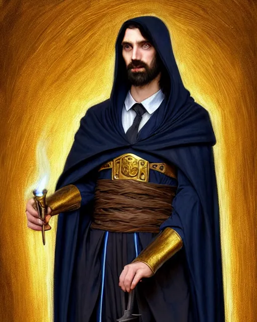 Image similar to handsome male wizard in a tavern, long black hair blue eyes young face wearing cloth mantle gothic navy cloak with gold details, tree town, fantasy character portrait, ultra realistic, intricate, elegant, cinematic lighting, highly detailed, digital painting, artstation, smooth, sharp, focus, illustration, art by artgerm and greg rutkowski and alphonse mucha