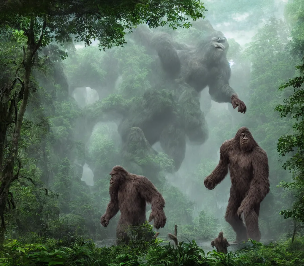 Image similar to matte painting of bigfoot in rain forest, large dinosaurs in background, style by blizzard concept artists