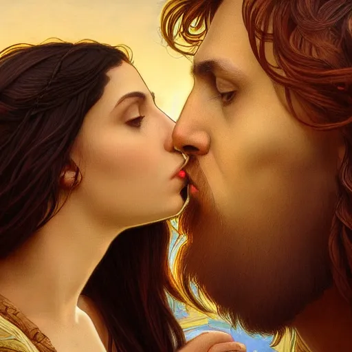 Image similar to jesus kissing a sensual woman in jerusalem, elegant, highly detailed, digital painting, artstation, concept art, matte, sharp focus, highly detailed, 4 k, hdr, smooth, sharp focus, high resolution, award - winning photo, photorealistic, art by artgerm and greg rutkowski and alphonse mucha, large shot