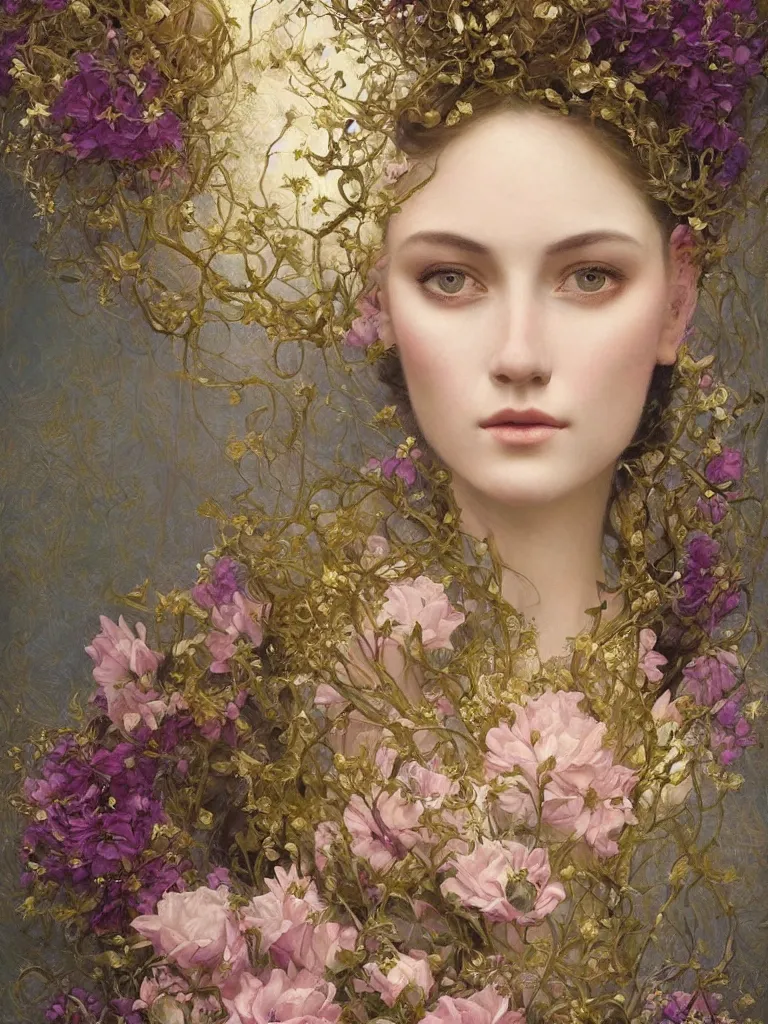 Image similar to a digital painting of a young beautiful woman, surrounded by flowers, dark pastel color scheme, jugendstil background, gold filigree, by karol bak, by emil melmoth, by Daniel Gerhartz, trending on artstation