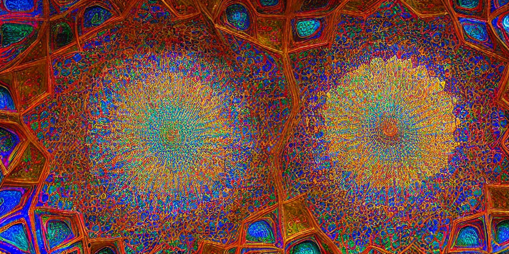 Prompt: psychedelic iranian honeycomb vaulting, muqarnas