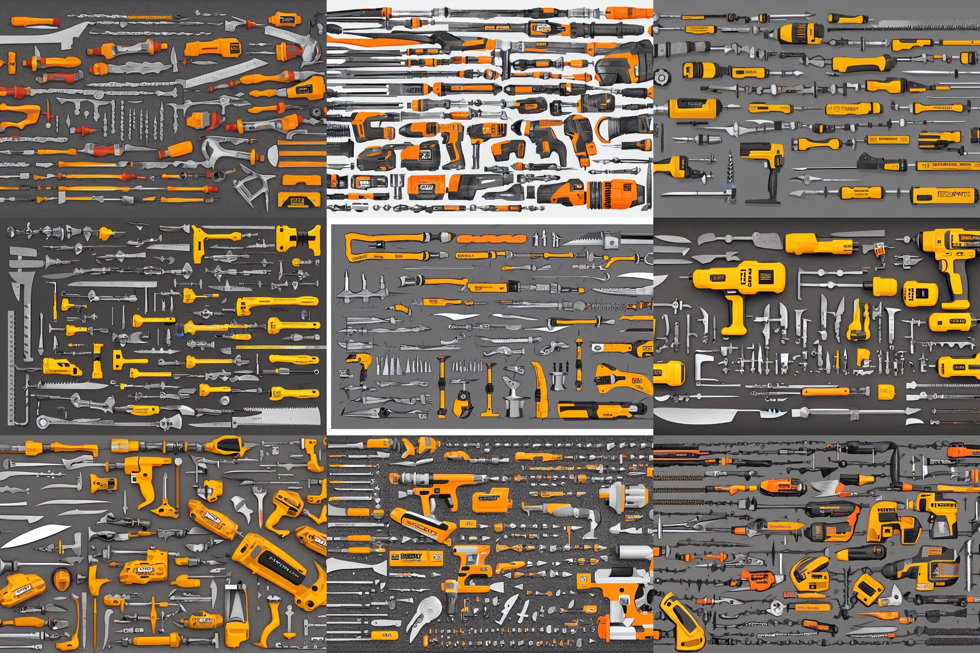 Prompt: overhead view of lots of stanley tools arranged to make a large power drill, power tools, saws, knives, spanners, screwdrivers, wrenches, digital illustration