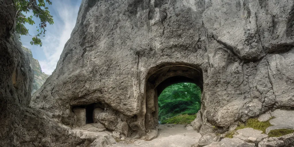 Image similar to entrance to a dungeon of the gods at the base of an ancient mountain in the morning light, in the style of Studio Ghibli, by Hayao Miyazaki, polarizer filter