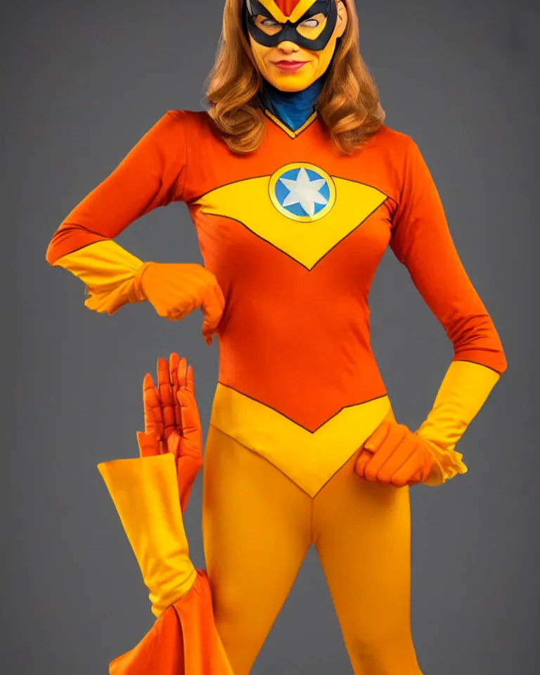 Image similar to new marvel superhero captain marigold, orange and yellow costume, centered zoomed out