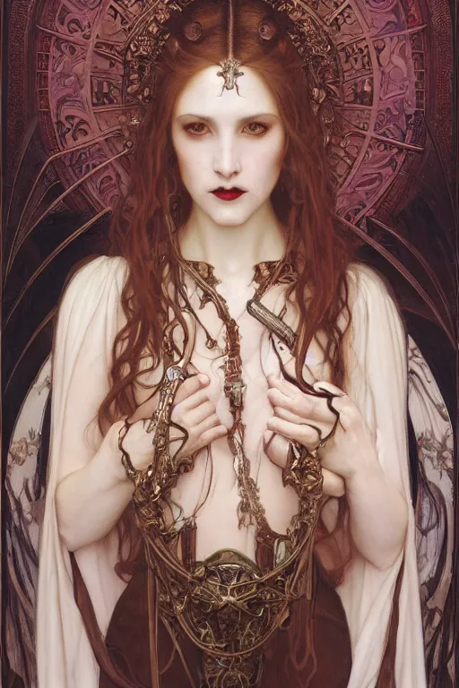 Prompt: masterpiece painting of beautiful vampire girl by donato giancola, darius zawadzki and tom bagshaw, face by artgerm and edmund leighton, alphonse mucha, background by james jean and h. r. giger, 8 k, biomechanical horror, majestic, volumetric lighting, porcelain skin, french nouveau, trending on pixiv