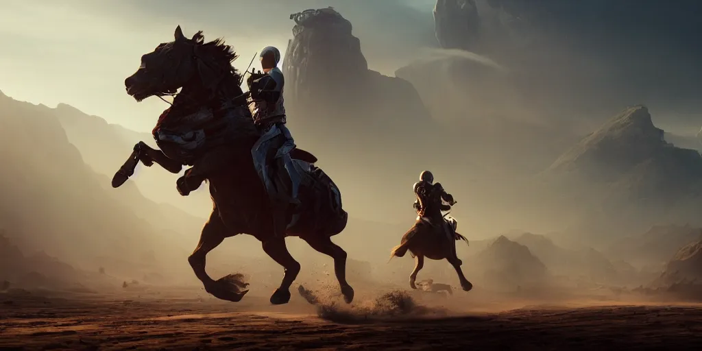 Prompt: a film still from elysium by james paick - a horseman gallops away, vibrant, 5 0 mm lens, video game character and environment design, behance hd, studio, evening, dramatic lighting, cinematic, global illumination, trending on artstation, bloom