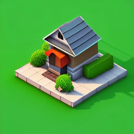 Prompt: isometric village house, 3 d icon for mobile game, blender 3 d, green scheme, octane render, 8 k resolution