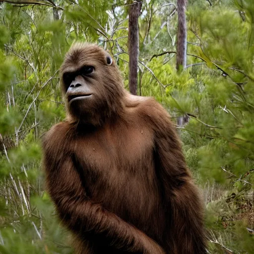 Image similar to National Geographic photo of Sasquatch in the Australian bush telephoto close up