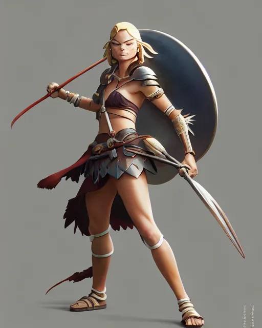 Image similar to azctec warrior, margot robbie, detailed perfect face, exquisite details, fire magic, mid view, design on a white background, by studio muti, greg rutkowski makoto shinkai takashi takeuchi studio ghibli