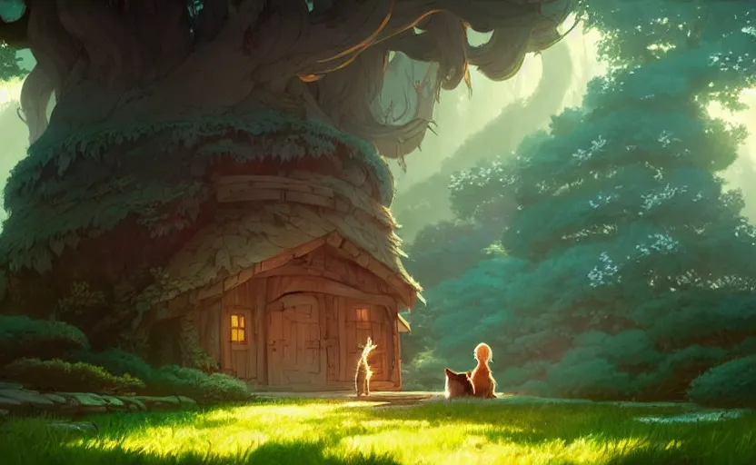 Image similar to a bounty hunter and her cat companion their woodland home in a fantasy studio ghibli animated film, d & d, fantasy concept art, global illumination, beautiful composition, volumetric lighting, octane render by studio ghibli and christopher balaskas, highly detailed