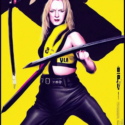 Image similar to kill bill movie poster with uma thurman swinging katana by tarantino, wlop and artgem, beautiful portrait, enhanced eye detail, exquisite hair and body