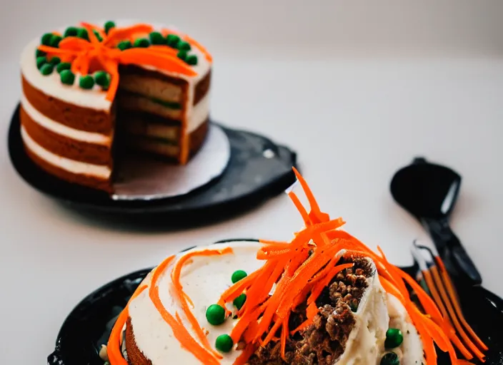 Image similar to dslr food photograph of a birthday cake iced with mashed potatoes and topped with ground beef carrots and peas, 8 5 mm f 1. 8