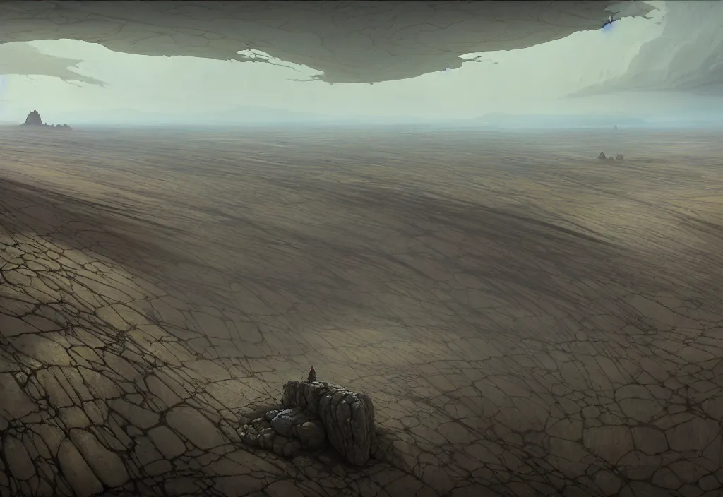 Image similar to The landscape of a flat wasteland with gray dry land, enclosed in incredibly gigantic enormous smoothed stone walls. The walls are so far apart that they disappear over the horizon. Art by Finnian MacManus, Simon Stalenhag, Arthur Rackham. Masterpiece, fantasy art, cinematic, hyperdetailed, photorealistic, hyperrealism, octane rendering, 8k, aerial view