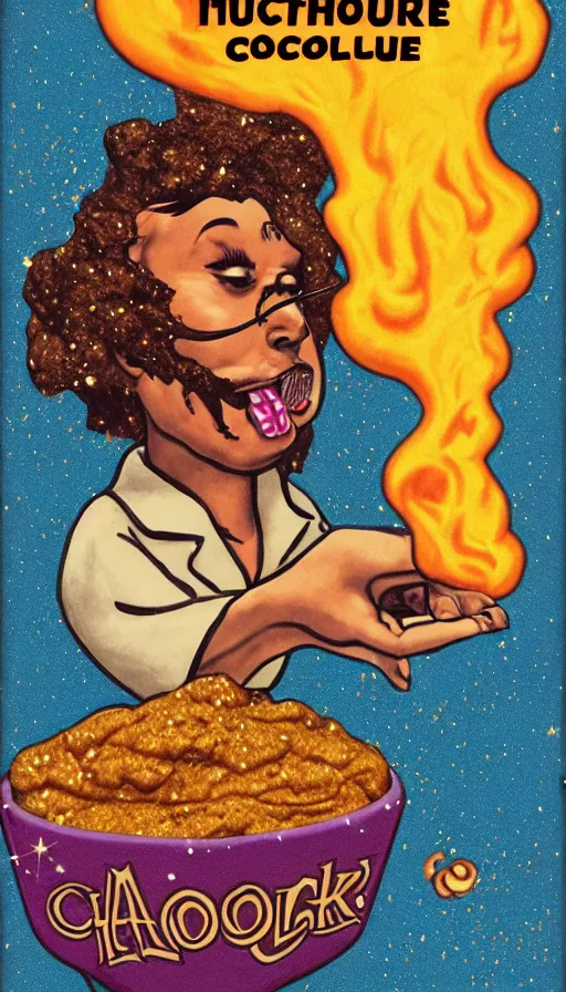 Image similar to pulp cover of a magical chocolate chunks cookie, wizard, fantasy, tetrahydrocannabinol, thc, hallucination, colored smoke, sparkles, sativa, indica, illustration, 5 0 s, risography,