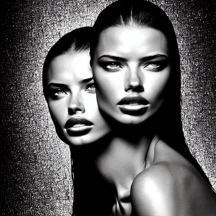 Image similar to photography face portrait of a beautiful woman like adriana lima, black and white photography portrait, skin grain detail, high fashion, studio lighting film noir style photography, on a tropical wallpaper leaves patern background by richard avedon, and paolo roversi, nick knight, hellmut newton,