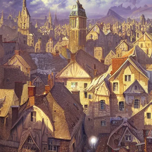 Image similar to an ultra detailed matte painting of the quaint town of galic, grid shaped city cobblestone streets, fantasy city, light snowfall, wind, inspiring gothic architecture, ultrawide lense, aerial photography, unreal engine, exquisite detail, 8 k, art by greg rutkowski and alphonse mucha