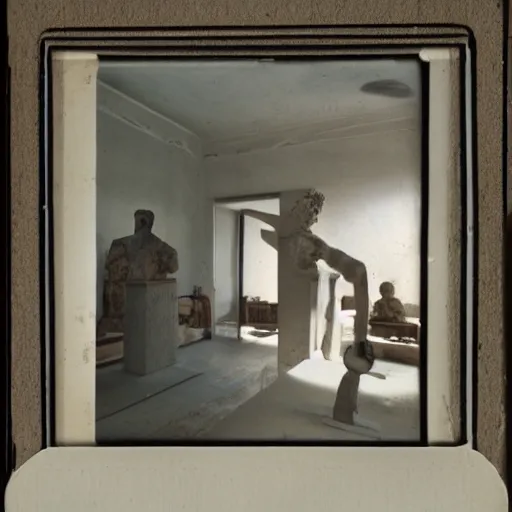 Image similar to polaroide photo inside of an ancient greek sculpture atelier, award winning photo, color