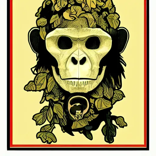 Image similar to ape monkey portrait skull bones in the style of Alphonse Mucha pop art