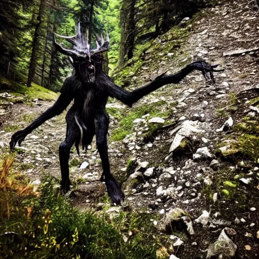 Prompt: Took this pic of a wild wendigo while hiking in the Alps #nature #creepy #photography