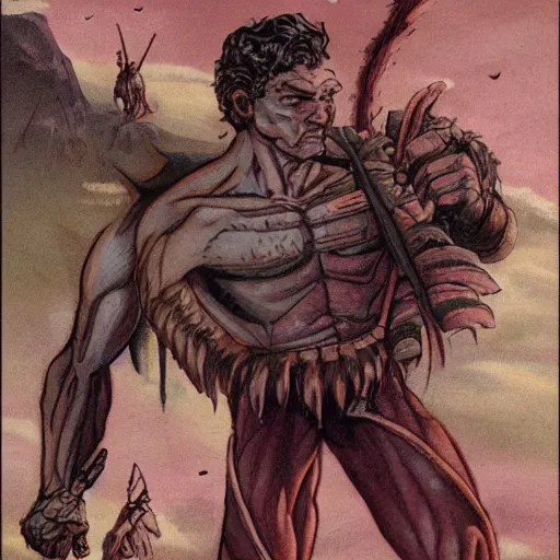 Prompt: muscular martian barbarian, standing on boulder, science fiction pulp illustration