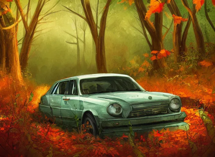 Image similar to A painting of an overgrown car in a forest, vines coming down from the tall trees, autumn, rocky ground, digital art, trending on Artstation, immaculate scale, amazing composition, cartoon illustration