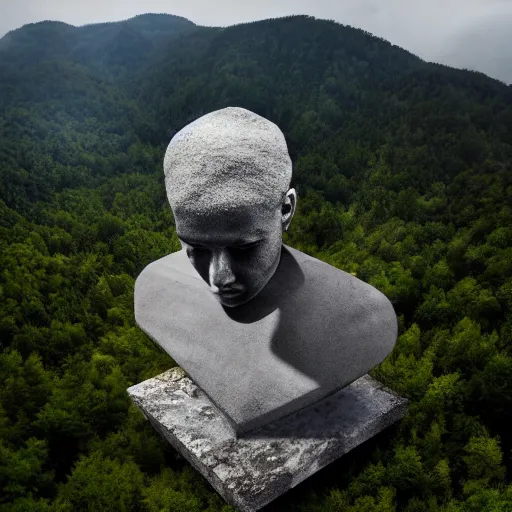 Image similar to gigantic weird concrete head bust in a mountain, surrounded by vegetation, perspective shot from the sky, realistic, by origiful, 4 k