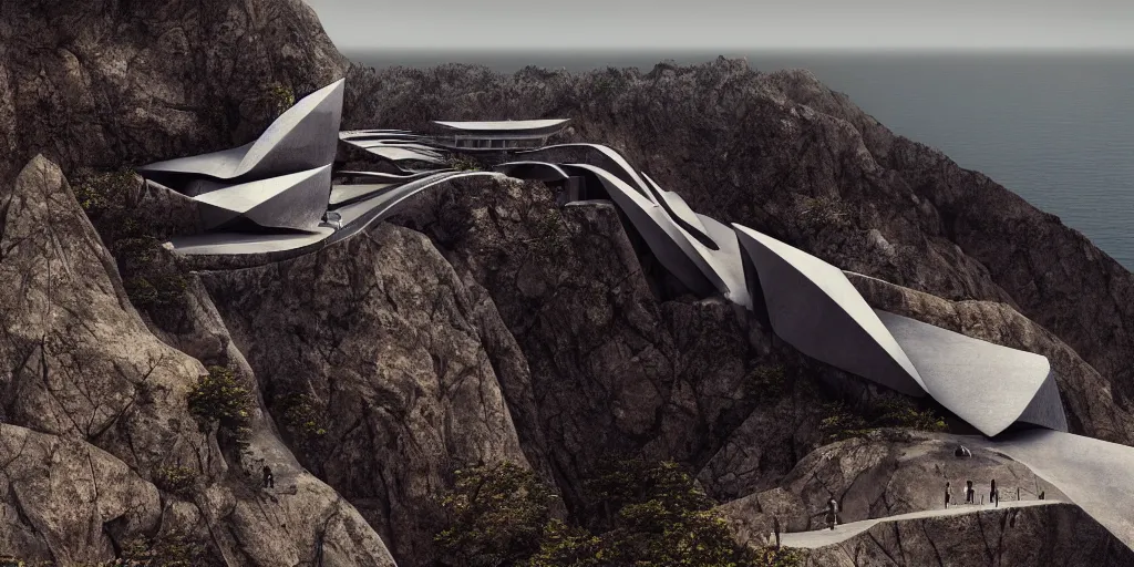 Image similar to steel structure on a cliff designed by zaha hadid, cinematic lighting, deep focus, sharp focus, golden ratio, dramatic illumination, hdr, ultra realistic, 8 k, highly detailed, trending on artstation, epic composition, by caravaggio, by artemisia lomi gentileschi